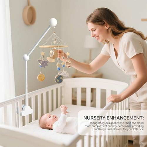 OESSUF Baby Crib Mobile Arm 27 Inch Adjustable Wood Hanger White Cloud Design