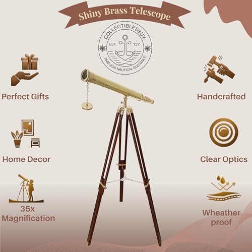 Shiny Brass Nautical Telescope with Wooden Tripod