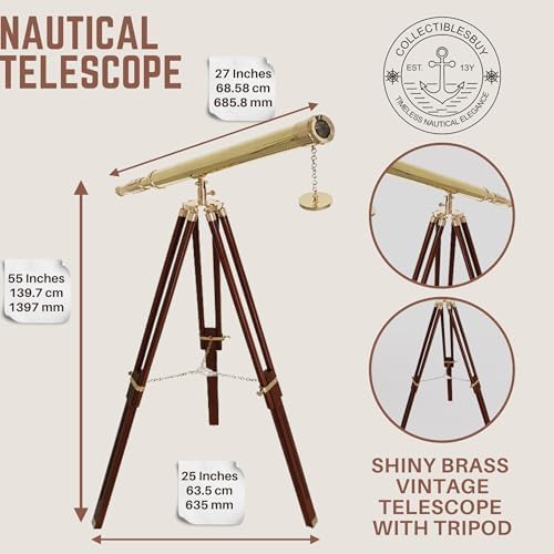 Shiny Brass Nautical Telescope with Wooden Tripod