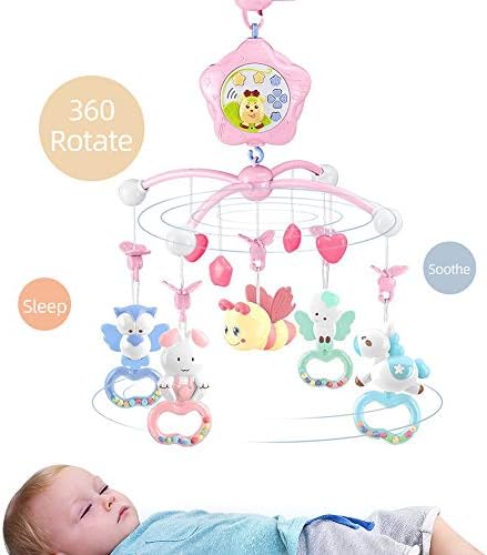 Baby Mobile with Music and Lights Remote Control and Projection - Pink-Bee
