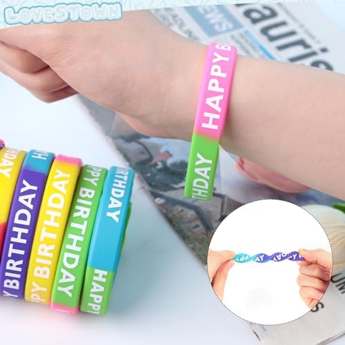 LovesTown 24PCS Happy Birthday Rubber Bracelets for Kids Party Supplies