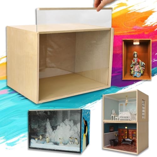 iLAND Wooden Diorama Box - Large Display Case for Collectibles and Miniatures