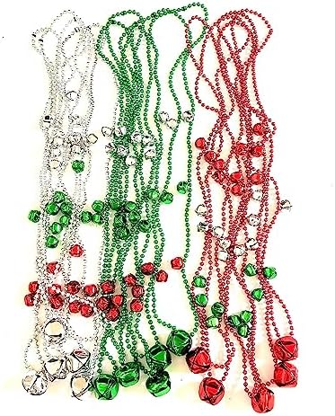 Christmas Jingle Bell Beads Necklace 15 Pcs Red Green Silver