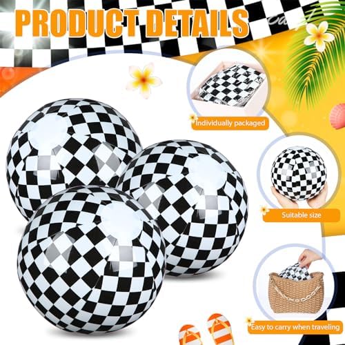 12 Pack Black and White Checkered Flag Beach Balls for Kids