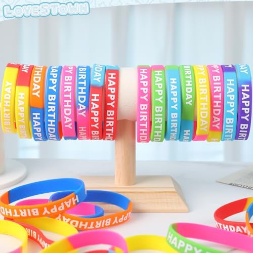 LovesTown 24PCS Happy Birthday Rubber Bracelets for Kids Party Supplies