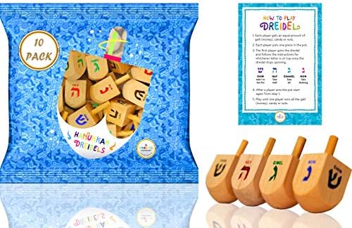 Natural Wood Dreidels with English Instructions 10-Pack