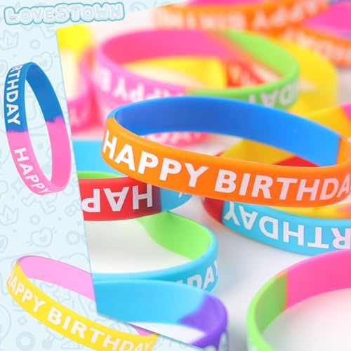 LovesTown 24PCS Happy Birthday Rubber Bracelets for Kids Party Supplies