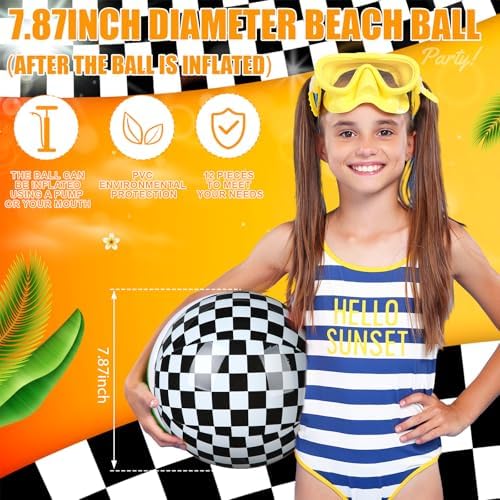 12 Pack Black and White Checkered Flag Beach Balls for Kids