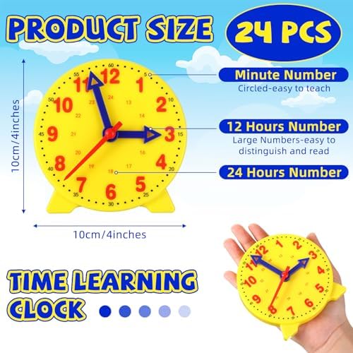 Batiyeer 24 Pcs Yellow Teaching Clock Kit for Kids