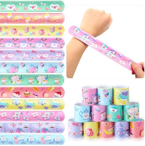 Junkin 48 Pcs Tea Party Themed Slap Bracelets for Kids Parties