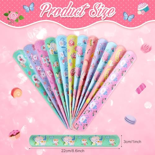 Junkin 48 Pcs Tea Party Themed Slap Bracelets for Kids Parties