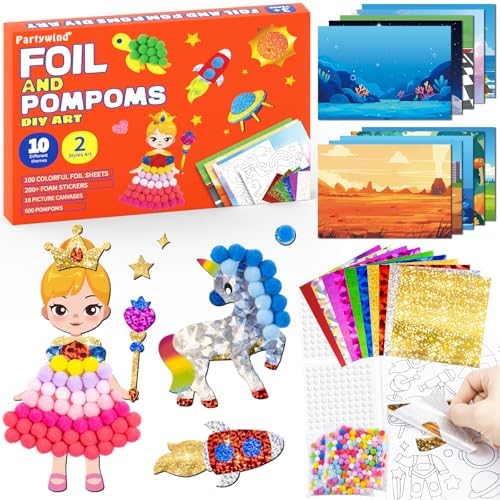 PARTYWIND Foil and Pom Poms Art Kit for Kids 4-12
