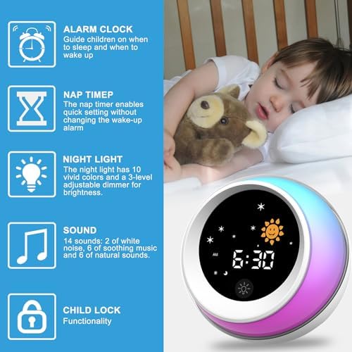 Kids Alarm Clock with Sound Machine and Night Light