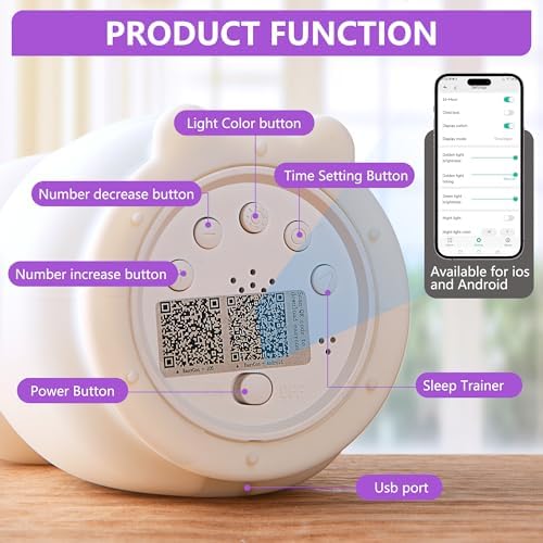 Smart Kids Alarm Clock Lamp with App Control and Green Night Light