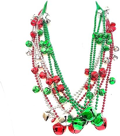 Christmas Jingle Bell Beads Necklace 15 Pcs Red Green Silver