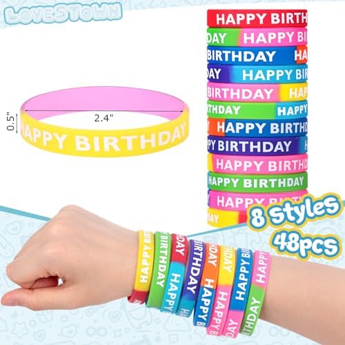 LovesTown 24PCS Happy Birthday Rubber Bracelets for Kids Party Supplies