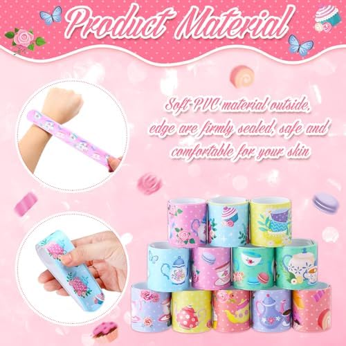 Junkin 48 Pcs Tea Party Themed Slap Bracelets for Kids Parties