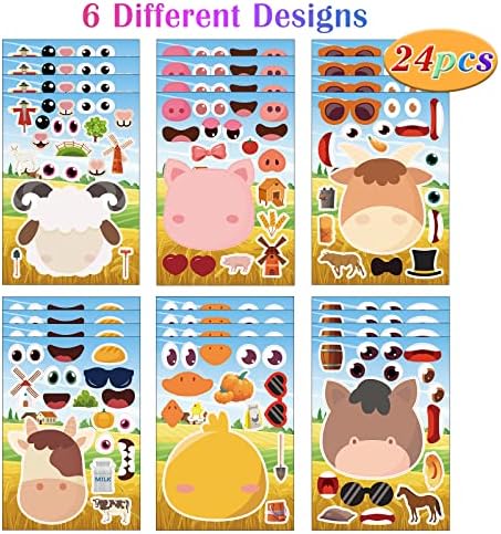 24 Sheets Farm Animal Face Sticker Sheets for Kids