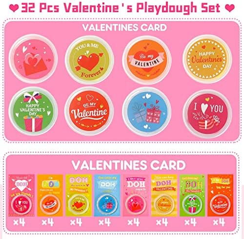 32 Pack Valentine Cards with Play Dough for Kids