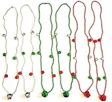 Christmas Jingle Bell Beads Necklace 15 Pcs Red Green Silver