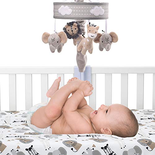 Jungle Safari Musical Baby Crib Mobile - Gray Beige White Animals
