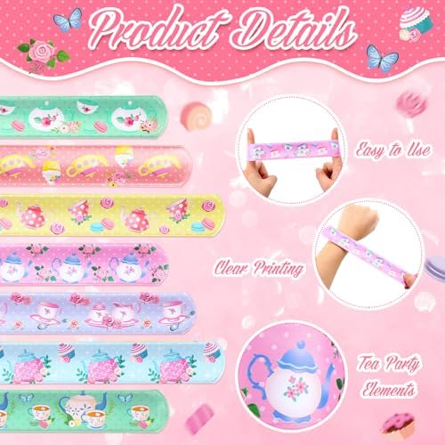 Junkin 48 Pcs Tea Party Themed Slap Bracelets for Kids Parties