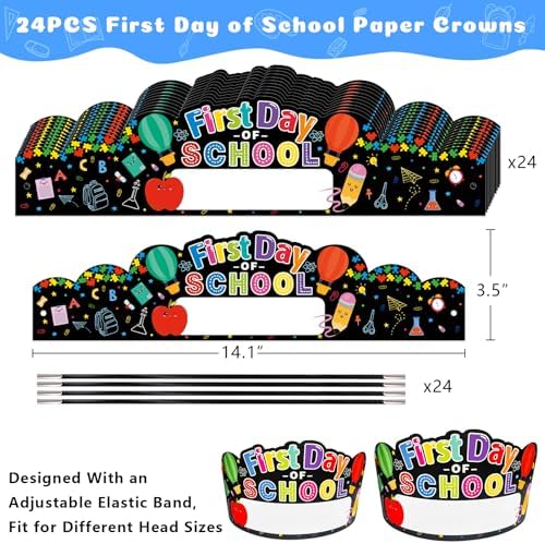 First Day of School Paper Crown Headbands 24pcs Adjustable Kids Party Hats