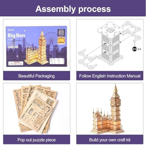 Rolife 3D Wooden Puzzle Big Ben with Lights Architecture Model Kit