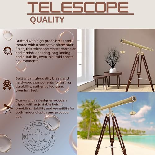 Shiny Brass Nautical Telescope with Wooden Tripod