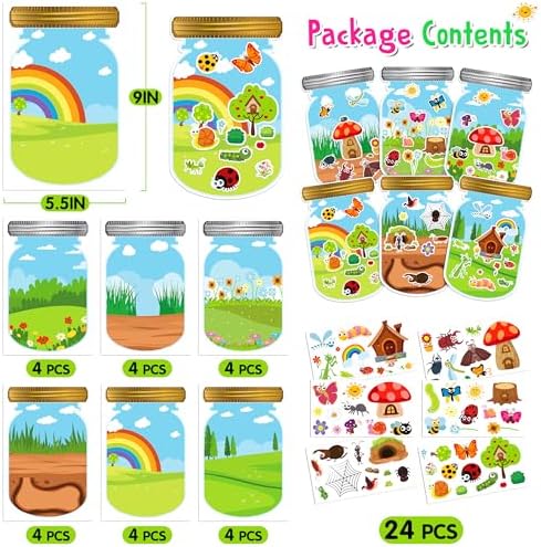 LINAYE 24 Sheets Bug Stickers with Jar Scenes