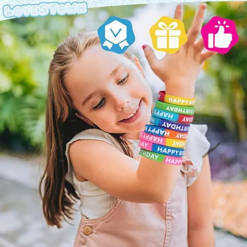 LovesTown 24PCS Happy Birthday Rubber Bracelets for Kids Party Supplies