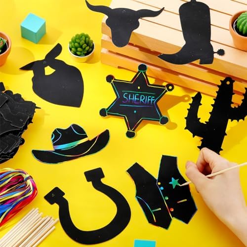 Hungdao 80 Pcs Western Cowboy Scratch Cards Kit for Kids