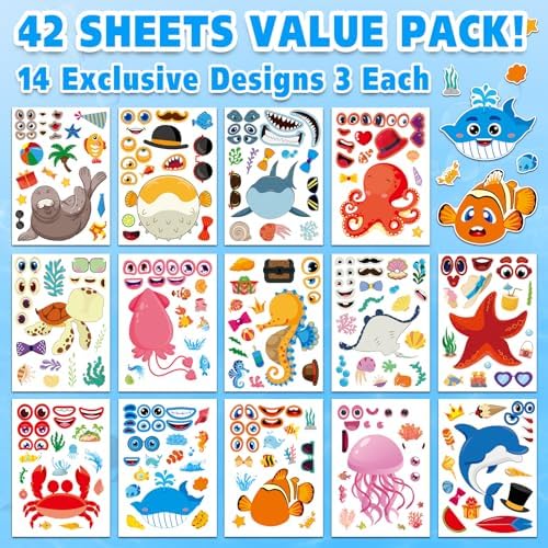 Aowplc 42 Pcs Ocean Animals Make-a-Face Sticker Sheets for Kids