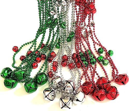 Christmas Jingle Bell Beads Necklace 15 Pcs Red Green Silver
