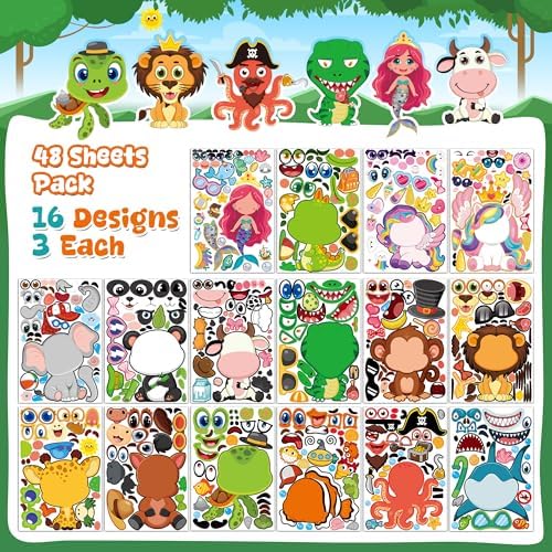 Kids Animal Face Stickers - 48 Sheets Classroom Party Supplies