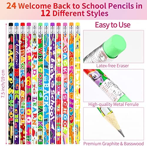 Durony 24 Welcome Back to School Pencils and Bracelets Set 12 Styles