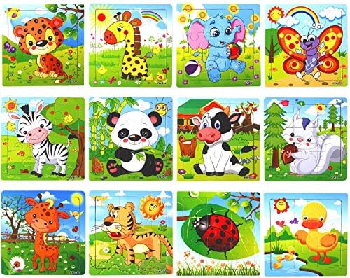 SANNIX 12 Pack Wooden Animal Jigsaw Puzzles for Kids