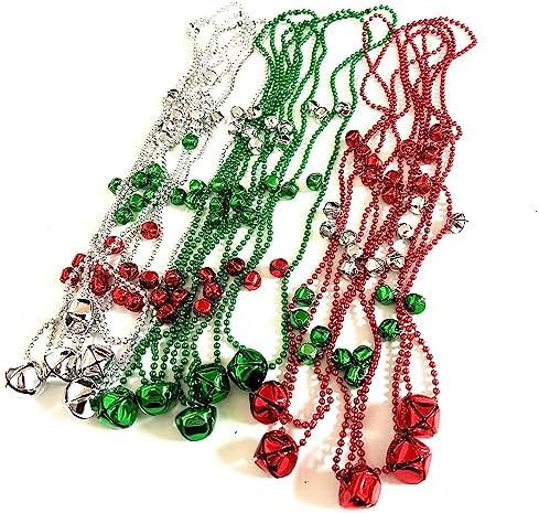 Christmas Jingle Bell Beads Necklace 15 Pcs Red Green Silver